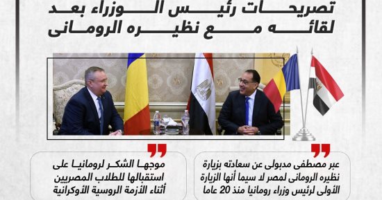 استيراد القمح ومنتدى اقتصادى بين البلدين.. تصريحات مدبولى بعد لقاء نظيره الرومانى (إنفوجراف)