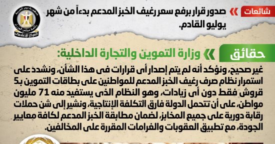 الحكومة تنفى رفع سعر رغيف الخبز المدعم بدءا من شهر يوليو المقبل
