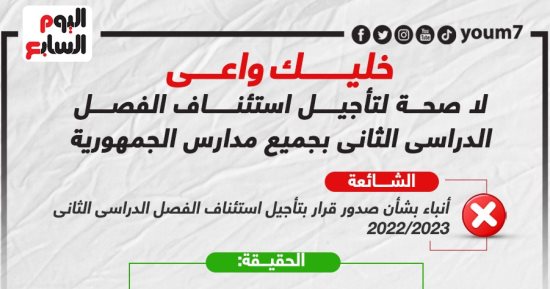 خليك واعى.. لا صحة لتأجيل الفصل الدراسى الثانى بمدارس الجمهورية (إنفوجراف)