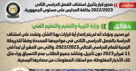 الحكومة تنفى تأجيل استئناف الفصل الدراسى الثانى فى كل مدارس الجمهورية