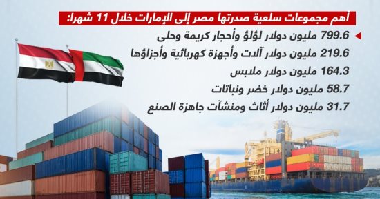14.4 % ارتفاعاً فى قيمة صادرات مصر للإمارات خلال 11 شهرا (إنفوجراف)