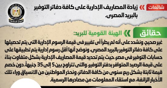 الحكومة تنفى زيادة المصاريف الإدارية على جميع دفاتر التوفير بالبريد المصرى