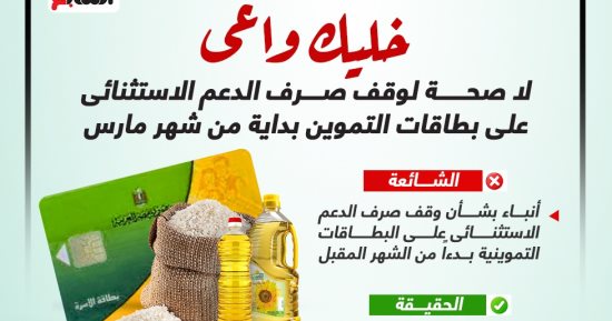 خليك واعى.. لا صحة لوقف صرف الدعم الاستثنائى على بطاقات التموين بداية من مارس