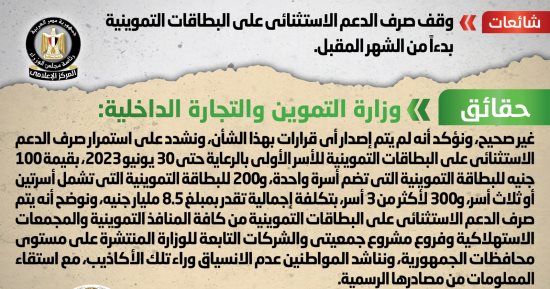الحكومة تنفى وقف صرف الدعم الاستثنائى على بطاقات التموين بداية من شهر مارس