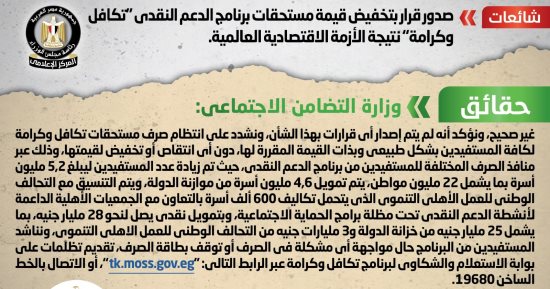 الحكومة تنفى تخفيض قيمة مستحقات برنامج "تكافل وكرامة" نتيجة الأزمة العالمية