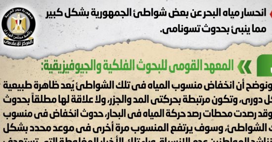 الحكومة: انخفاض منسوب مياه الشواطئ طبيعى.. وربطه بحدوث تسونامى مغالطات