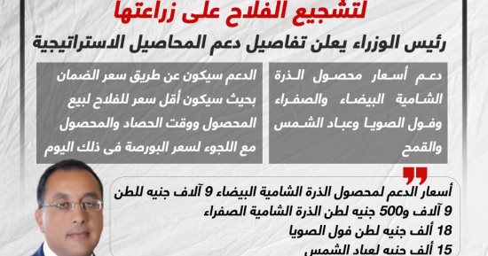 رئيس الوزراء يعلن تفاصيل دعم المحاصيل الاستراتيجية لتشجيع الفلاح.. إنفوجراف