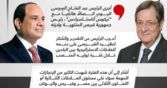دعم العلاقات بين البلدين.. الرئيس السيسى يعبر عن تقديره لرئيس قبرص السابق (إنفوجراف)