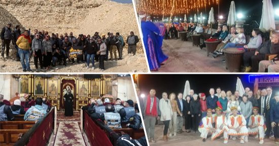 بنى سويف قبلة السياحة فى شمال الصعيد.. الرحلات النيلية المتجهة إلى الأقصر تتوقف فى المدينة للتنزه وزيارة هرم ميدوم.. 41 سائحا إنجليزيا يستمتعون بفرق الفنون الشعبية.. وفريق دراجات بخارية يزور الآثار القبطية