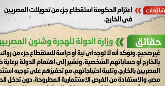 الحكومة تنفى ما تردد بشأن استقطاع جزء من تحويلات المصريين فى الخارج