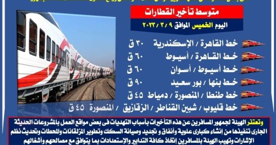التأخيرات المتوقعة اليوم فى مواعيد القطارات بالسكة الحديد