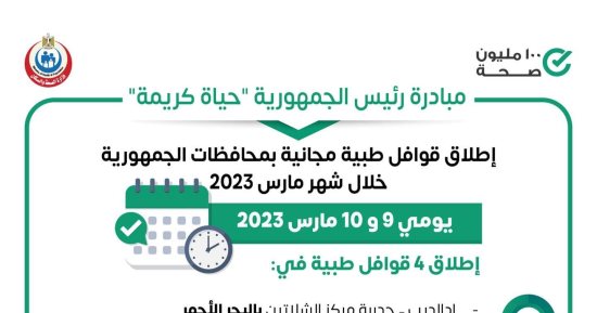 الصحة تطلق اليوم 4 قوافل طبية ضمن مبادرة حياة كريمة بالمحافظات