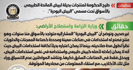 الحكومة تنفى طرح منتجات بديلة لبيض المائدة بالأسواق تحت مسمى "البيض البودرة"