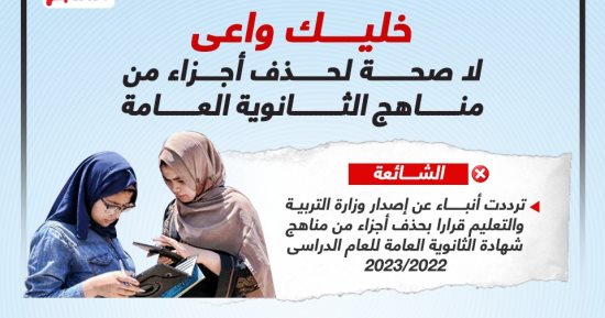خليك واعى.. لا صحة لحذف أجزاء من مناهج الثانوية العامة (إنفوجراف)