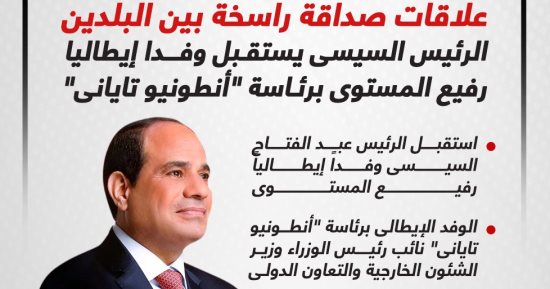 الرئيس السيسى يستقبل وفدا إيطاليا رفيع المستوى برئاسة أنطونيو تايانى.. إنفوجراف