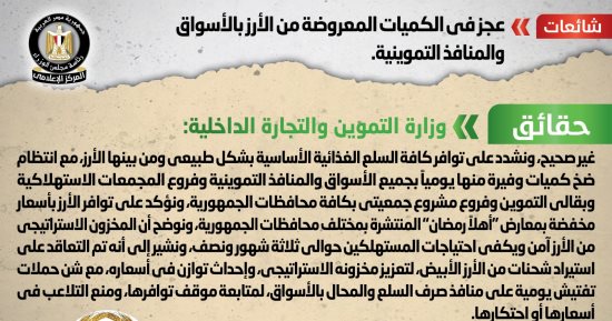 الحكومة تنفى عجز الكميات المعروضة من الأرز بالأسواق والمنافذ التموينية