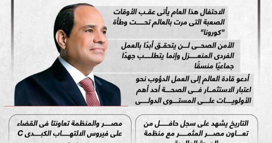 كلمة الرئيس السيسى خلال الاحتفال بالذكرى الـ 75 لتأسيس منظمة الصحة العالمية.. إنفوجراف
