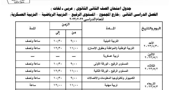 ننشر جداول امتحانات نهاية العام للمواد خارج المجموع والمستوى الرفيع بالجيزة
