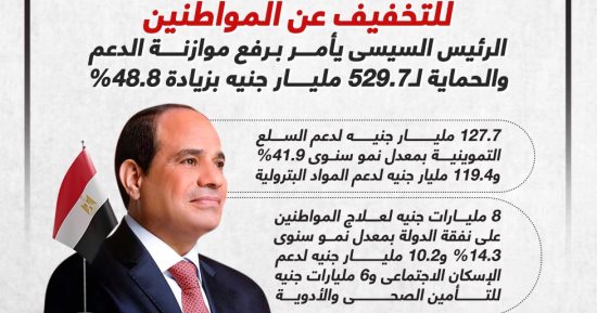 الرئيس السيسى يأمر برفع موازنة الدعم والحماية لـ529.7 مليار جنيه.. إنفوجراف