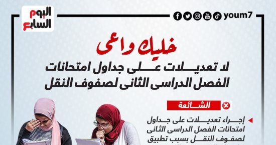 خليك واعى.. لا تعديلات على جداول امتحانات الترم الثانى لصفوف النقل (إنفوجراف)