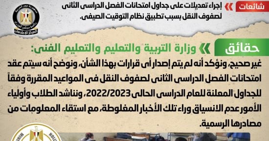 الحكومة تنفى إجراء تعديلات على جداول امتحانات الفصل الدراسى الثانى لصفوف النقل