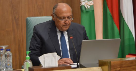سامح شكرى وأعضاء اللجنة الوزارية العربية الإسلامية يلتقون ماكرون فى باريس