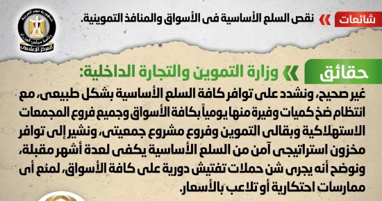 الحكومة تنفى نقص السلع الأساسية فى الأسواق والمنافذ التموينية 