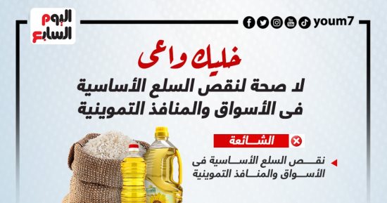 خليك واعى.. لا صحة لنقص السلع الأساسية فى الأسواق والمنافذ التموينية.. إنفوجراف