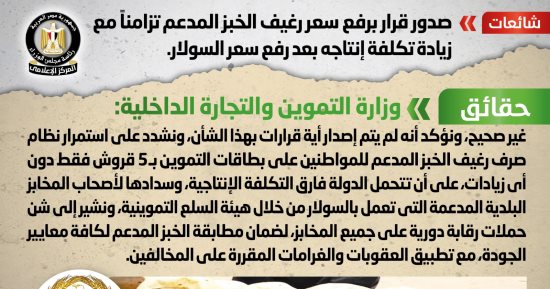 أخبار مصر.. الحكومة تنفى رفع سعر رغيف الخبز المدعم تزامناً مع زيادة تكلفة إنتاجه