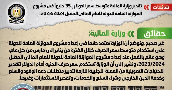 الحكومة تنفى تقدير متوسط سعر الدولار بـ35 جنيهاً بموازنة 2023-2024