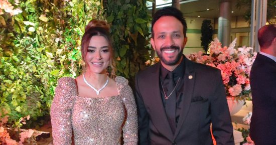 أحمد عصام وزوجته فى حفل زفاف ابنة حميد الشاعرى.. صور 