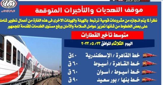 التأخيرات المتوقعة اليوم فى مواعيد القطارات بالسكة الحديد 