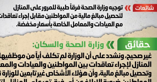 الصحة تنفى توجيه فرق طبية للمنازل لتحصيل أموال مقابل التعاقد مع عيادات خاصة بسعر مخفض