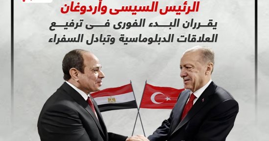 مصر وتركيا تقرران البدء الفورى فى ترفيع العلاقات الدبلوماسية وتبادل السفراء.. إنفوجراف