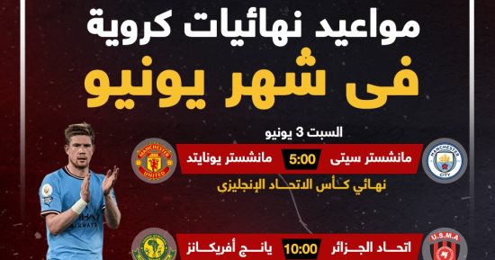 مواعيد مباريات نهائيات شهر يونيو.. إنفو جراف