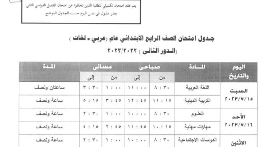 تبدأ 15 يوليو.. جدول امتحانات الدور الثانى لصفوف المرحلة الابتدائية بالجيزة