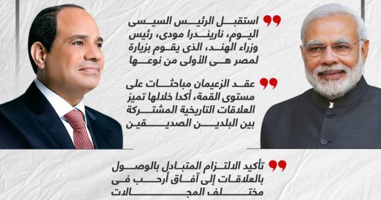 رفع علاقات البلدين إلى مستوى الشراكة الاستراتيجية.. الرئيس السيسى يقلد رئيس وزراء الهند قلادة النيل (إنفوجراف)