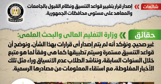 الحكومة تنفى تغيير قواعد التنسيق ونظام القبول بالجامعات ‏والمعاهد بالمحافظات