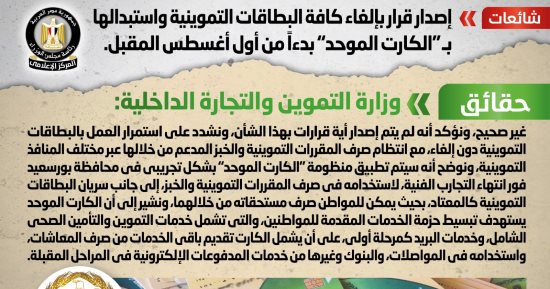 أخبار مصر.. الحكومة تنفى إلغاء بطاقات التموين واستبدالها بكارت موحد أول أغسطس