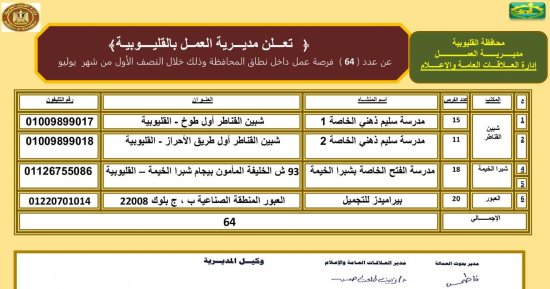 مديرية العمل بالقليوبية توفر 64 فرصة عمل فى 4 شركات.. تعرف عليها
