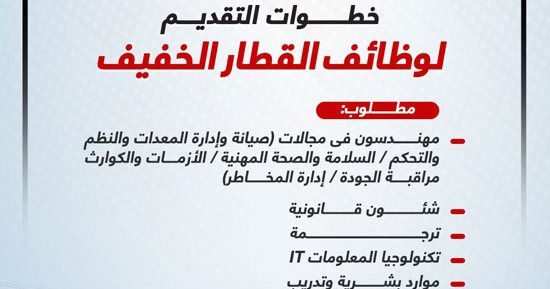 تعرف على أوراق التقدم لوظائف القطار الخفيف.. إنفوجراف