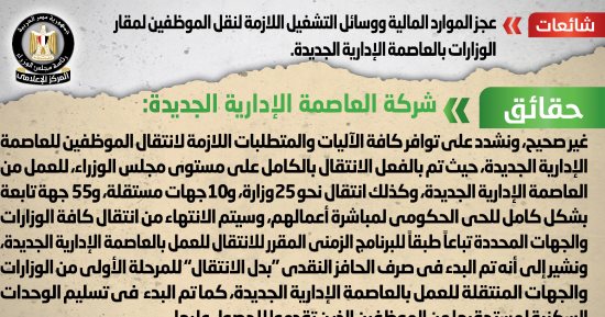 الحكومة تفند شائعة عجز الموارد اللازمة لنقل الموظفين للوزارات بالعاصمة الإدارية