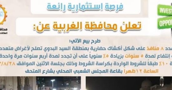 محافظة الغربية تعلن عن طرح بيع 8 منافذ حضارية بمنطقة السيد البدوى 