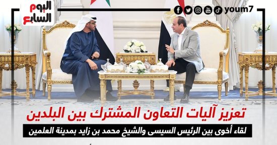 تعزيز آليات التعاون بين البلدين.. لقاء أخوى بين الرئيس السيسى والشيخ محمد بن زايد بمدينة العلمين..إنفوجراف