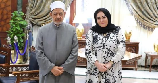 نهال عنبر بـ"الطرحة" خلال مقابلتها الشيخ أحمد الطيب فى الأزهر الشريف