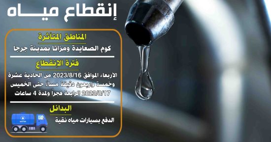 قطع المياه عن كوم الصعايدة ومزاتا بمركز جرجا بسوهاج لأعمال الإحلال والتجديد