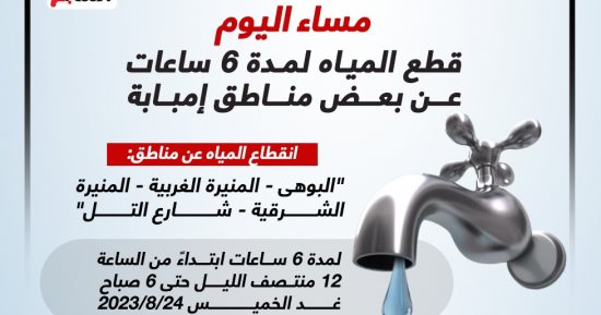 اعمل حسابك.. قطع المياه 6 ساعات عن بعض مناطق إمبابة مساء اليوم