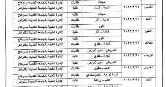تعرف على جدول مواعيد الكشف الطبى للطلاب المرشحين لكليات جامعة سوهاج