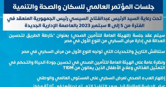 الصحة: المؤتمر العالمى للسكان يناقش تحديات تواجه النوع الأول من مرض السكرى بمصر