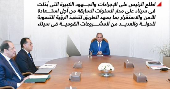 صياغة مسار تنموى متطور.. الرئيس السيسى يتابع الموقف التنفيذى لجهود التنمية الشاملة بشمال سيناء (إنفوجراف)
